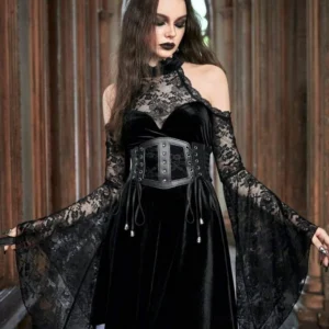 Front full body view of Black Gothic waist cincher with dual decorative silver buckles styled with off-shoulder black lace velvet floor-length gown in gothic interior