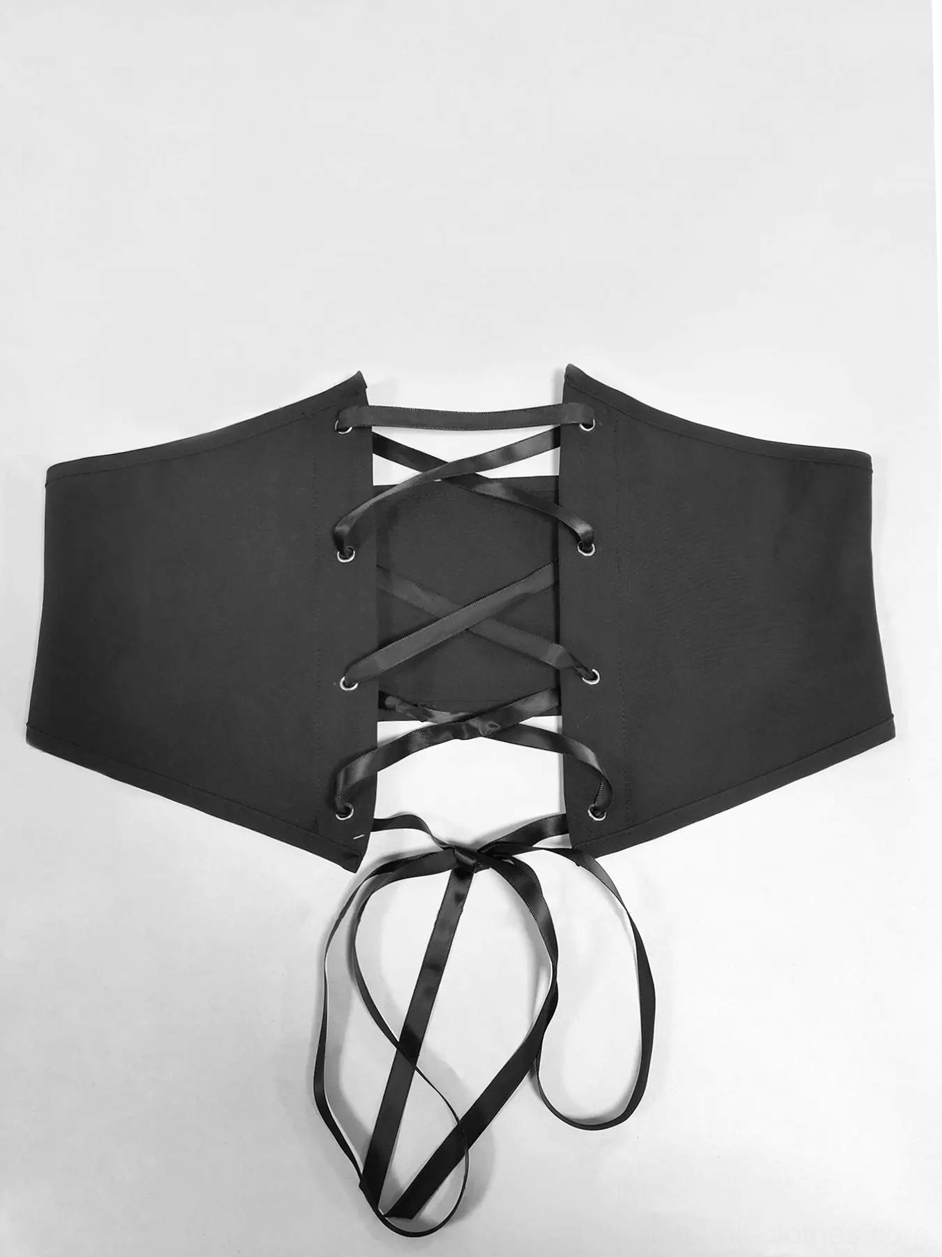 Black lace-up corset waist belt with metal eyelets and long ribbon ties, detachable steampunk accessory piece
