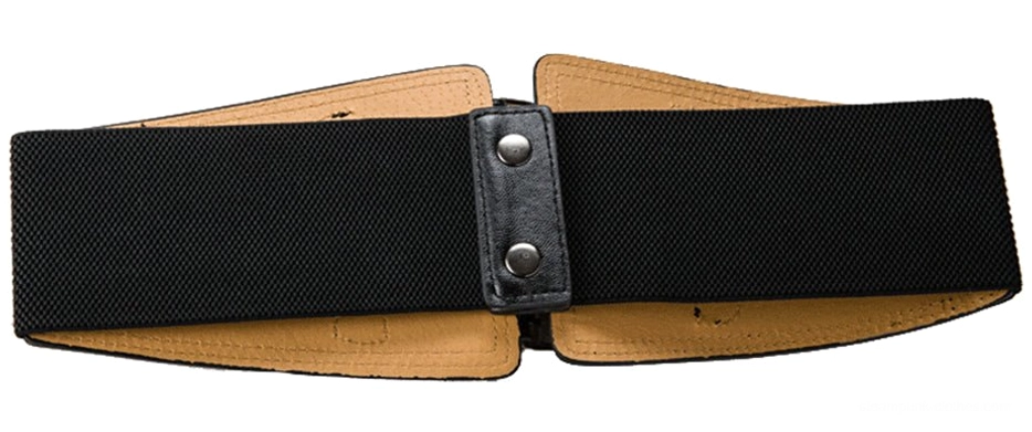 Steampunk elastic corset belt side profile displaying dual-tone leather construction with black exterior, tan inner lining, and military-grade snap fasteners, side flat lay