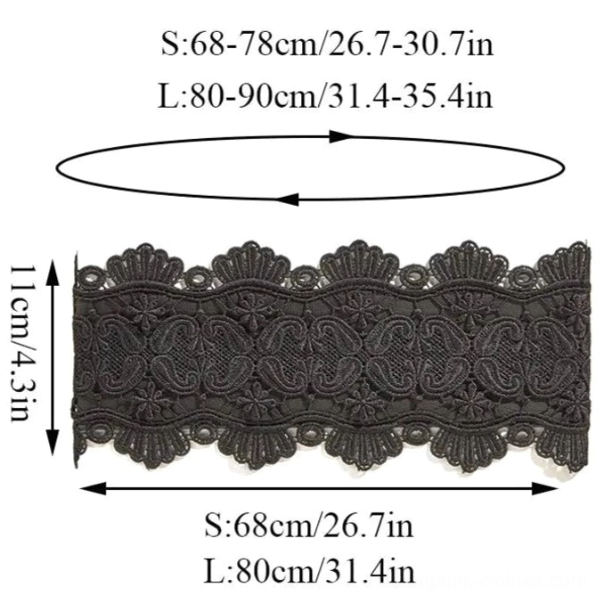 Size comparison chart for steampunk elastic lace corset belt showing S and L sizes with waist circumference measurements in inches and centimeters, 11cm width specification
