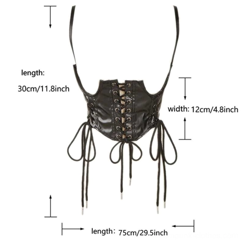 Steampunk corset harness adjustment guide and sizing diagram showing customizable drawstring lacing, shoulder strap fit, and XS-XL accommodation
