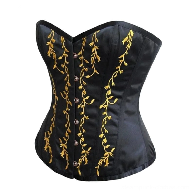 Black steampunk corset angled front view highlighting gold vine embroidery with multiple front hook closures