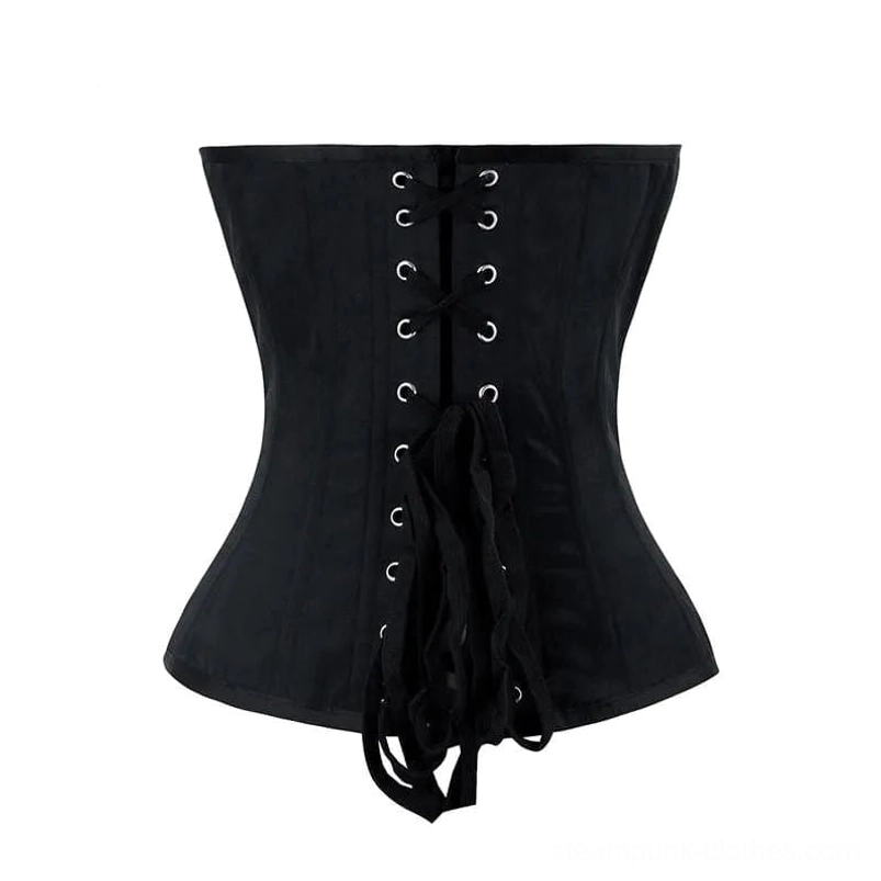 Black steampunk corset back view featuring lace-up closure system with black lacing and metal eyelets