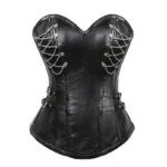Black vegan leather steampunk corset front view with silver chain lace-up, sweetheart neckline, and waist buckles - industrial gothic style