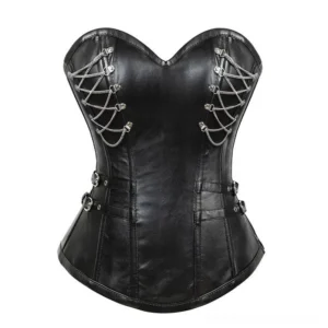 Black vegan leather steampunk corset front view with silver chain lace-up, sweetheart neckline, and waist buckles - industrial gothic style
