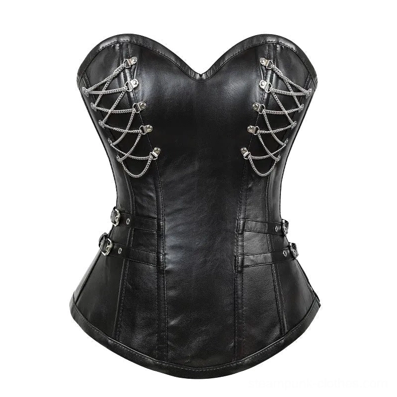 Black vegan leather steampunk corset front view with silver chain lace-up, sweetheart neckline, and waist buckles - industrial gothic style