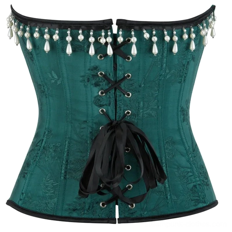 Green vintage steampunk corset back view showing black ribbon lace-up closure and floral jacquard pattern