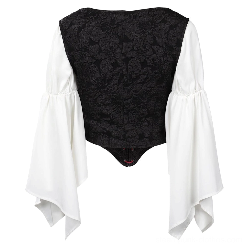 Back view of steampunk corset blouse demonstrating proportional fit, flowing white bell sleeves, solid black jacquard back panel construction, and hemline placement