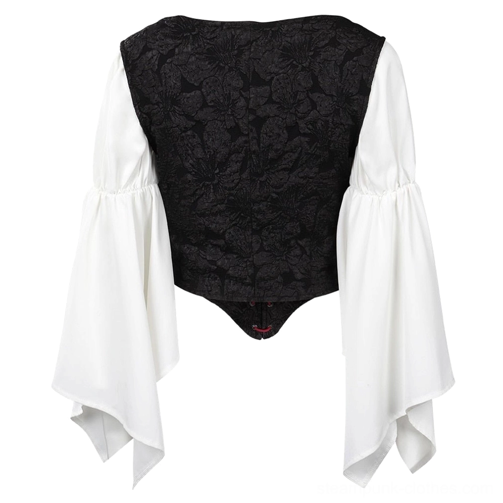 Back view of steampunk corset blouse displaying white dramatic bell sleeves, black jacquard back panel, asymmetrical curved hemline, and overall silhouette architecture
