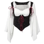Front view of Victorian Gothic steampunk corset blouse featuring black embossed jacquard bodice with structured boning, white flowing bell sleeves, and red lace-up front closure with metal eyelets