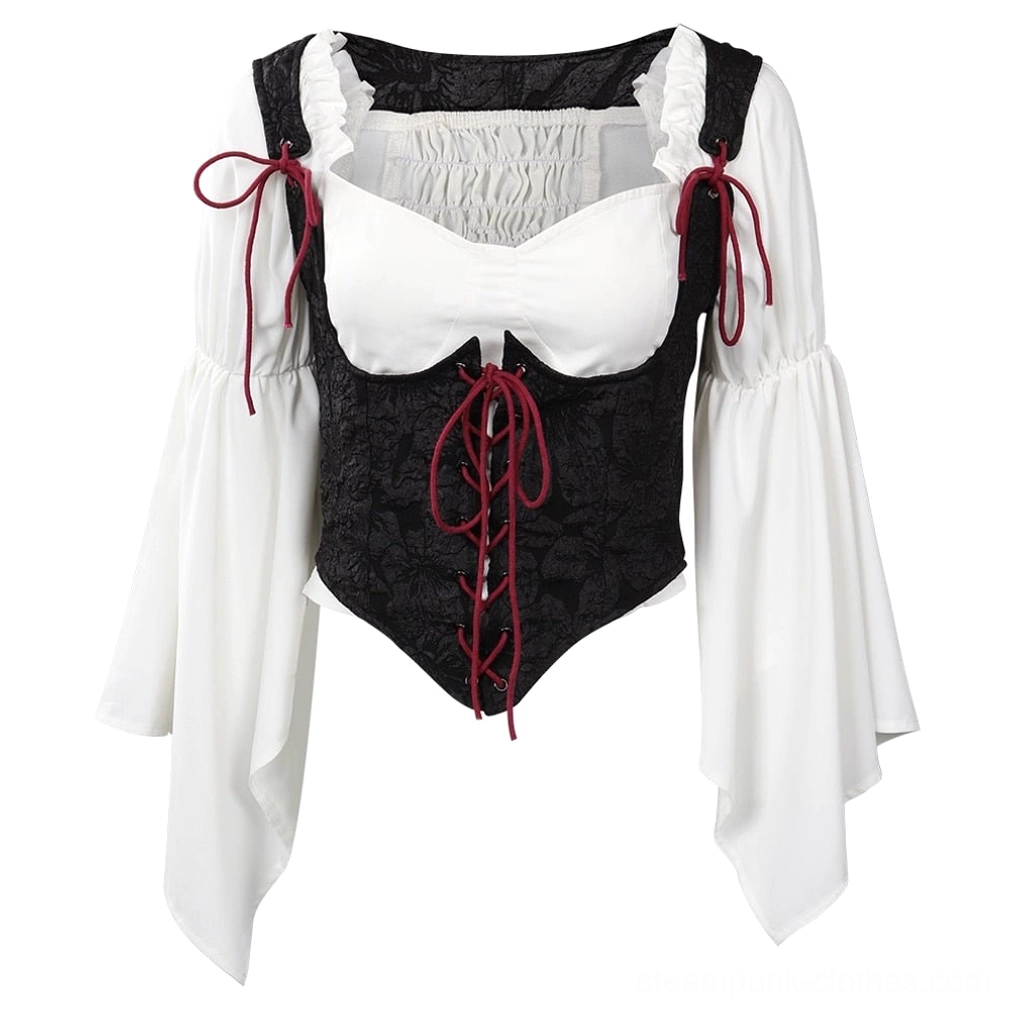 Front view of Victorian Gothic steampunk corset blouse featuring black embossed jacquard bodice with structured boning, white flowing bell sleeves, and red lace-up front closure with metal eyelets