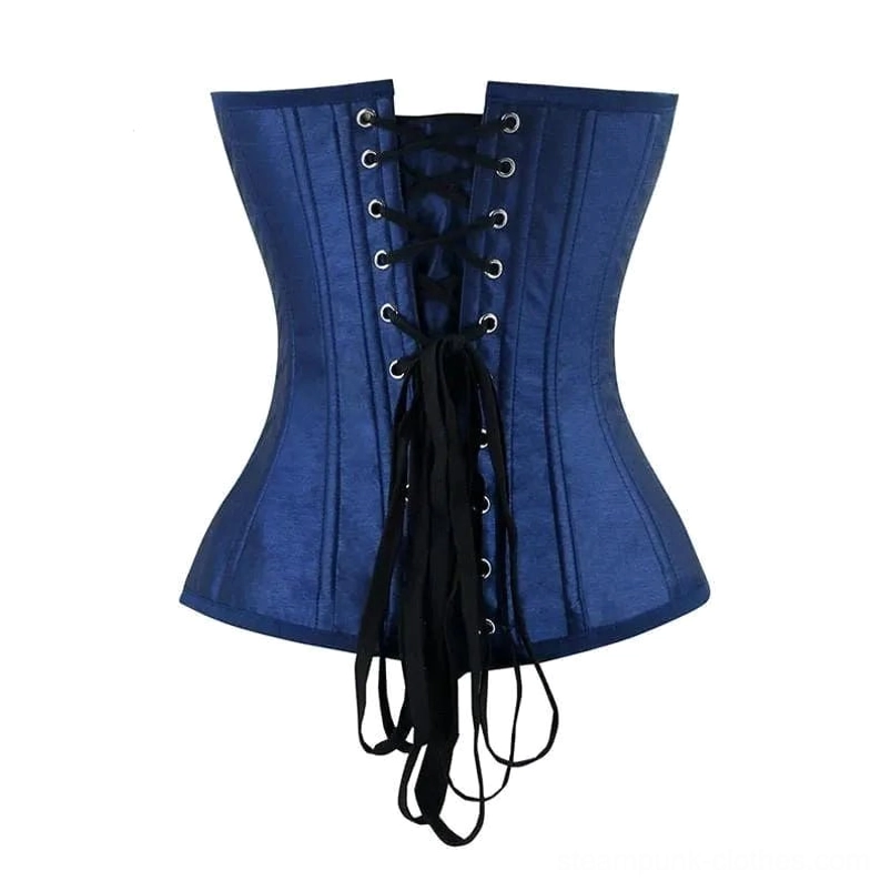 Blue steampunk corset back view showing black lace-up closure with metal eyelets