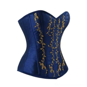 Blue steampunk corset front flat lay showing gold vine embroidery pattern and metal hook fasteners in detail