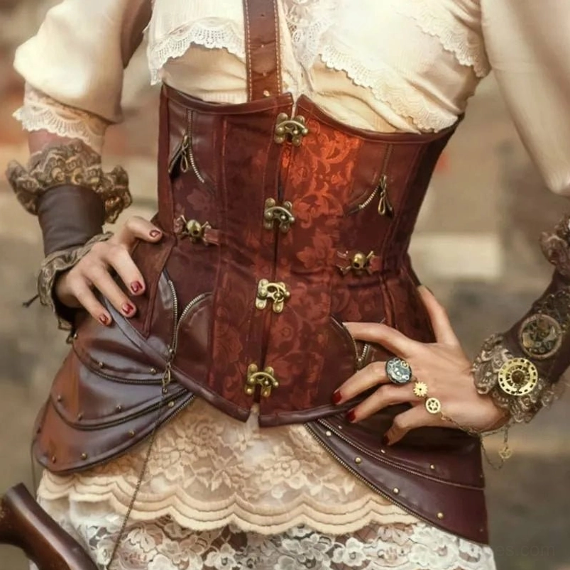 Brown brocade underbust steampunk corset with vintage brass locks and decorative zippers front view closeup detail