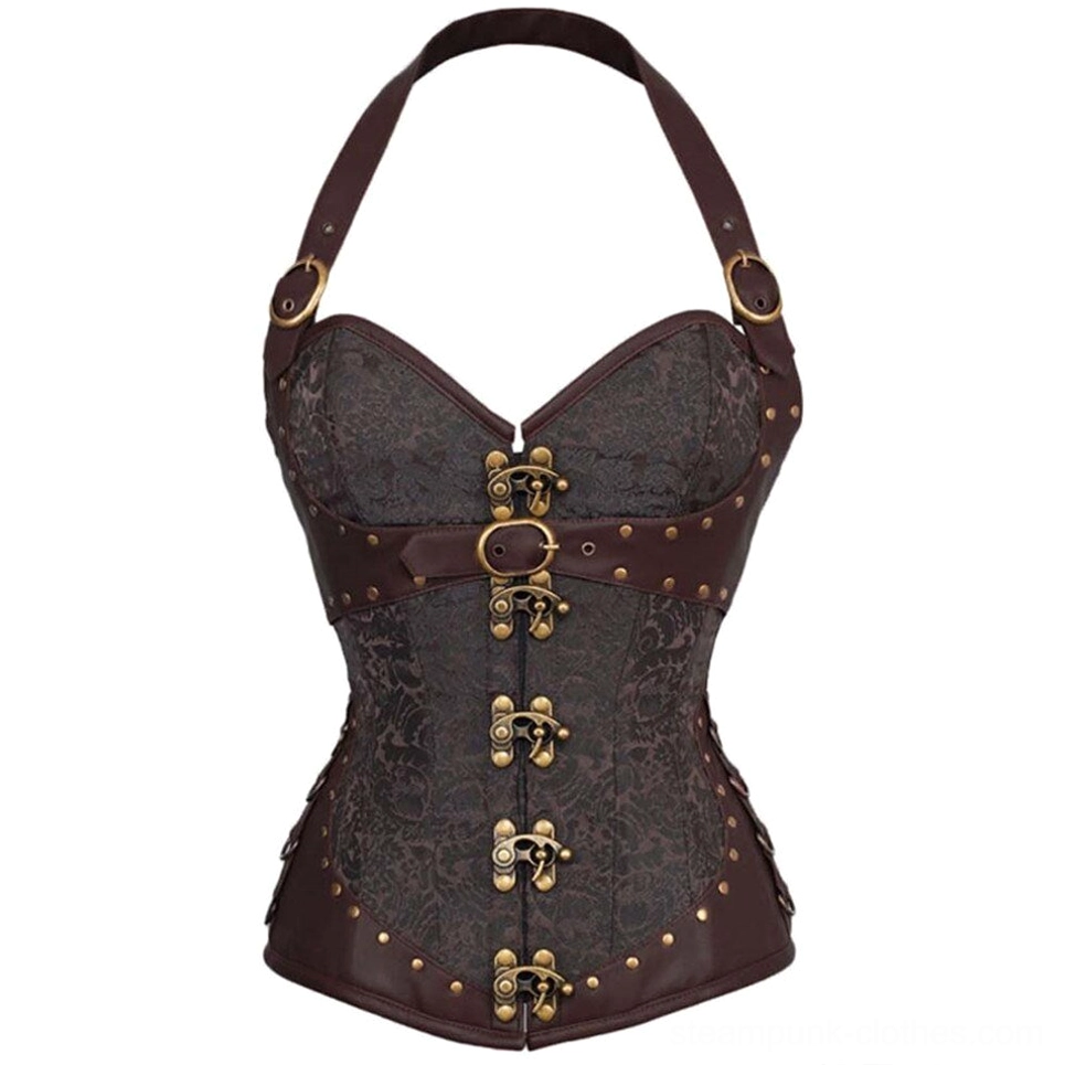 Dark brown steampunk jacquard corset flat lay front view, showcasing bronze hardware and intricate woven pattern