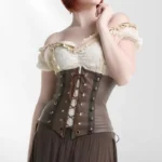Brown vegan leather steampunk corset with lace-up front and bronze grommets, front upper-body close-up view on model