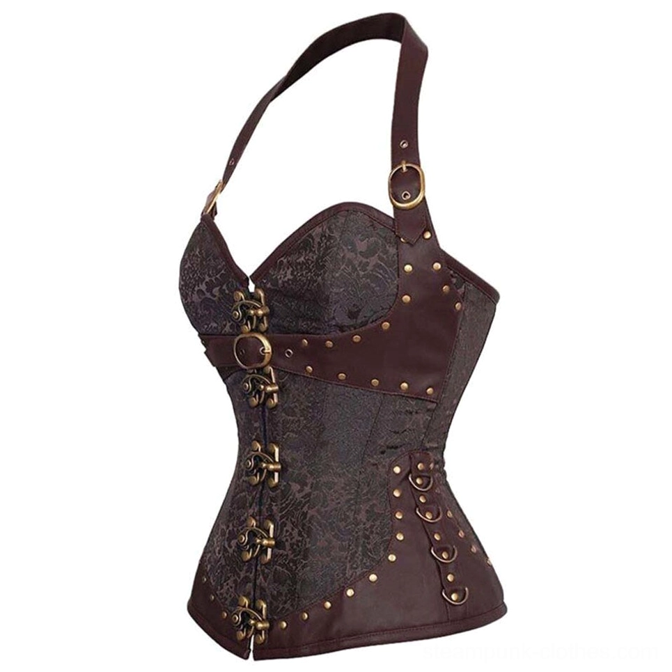 Brown steampunk corset side flat view, featuring studded rivets and dark leather accents on white background