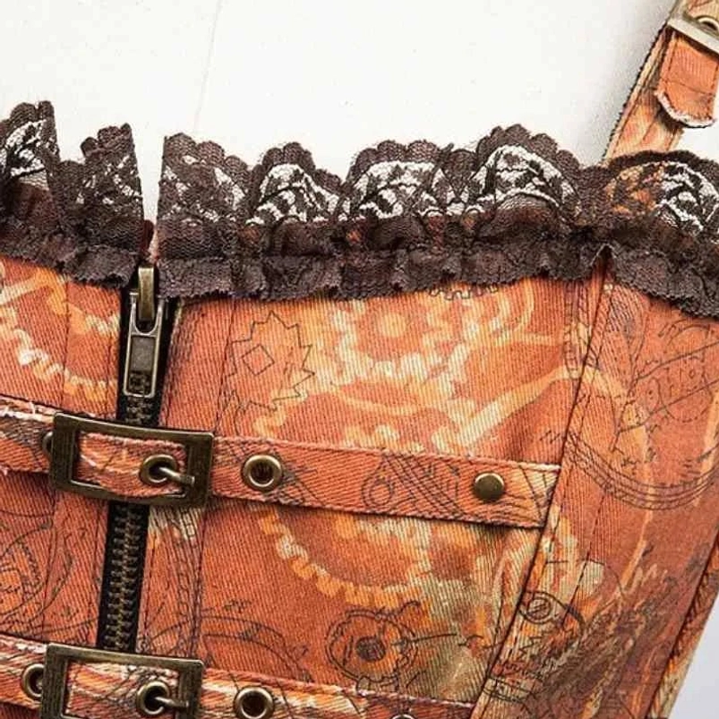 Close-up detail of steampunk corset metal buckles, precision zipper fastener, and brown lace neck trim