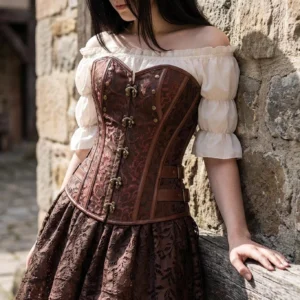 Steampunk corset matching set worn by model with burgundy jacquard fabric and bronze metal hardware, outdoor stone wall backdrop showcasing authentic neo-Victorian styling