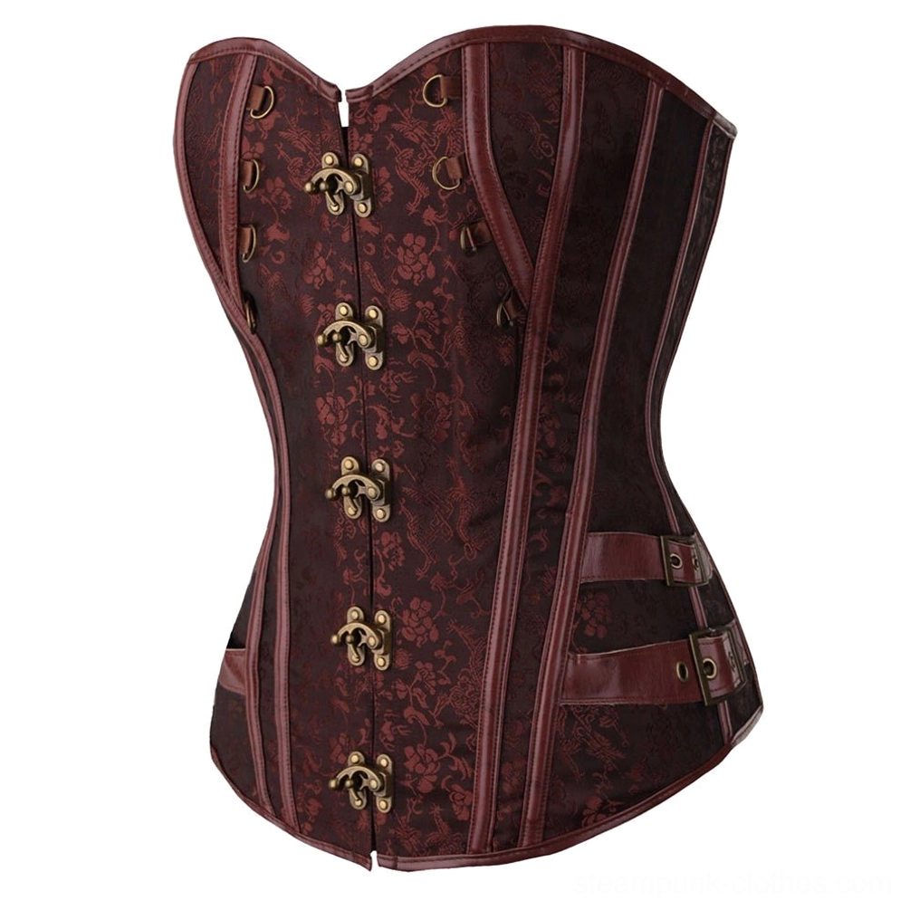 Industrial steampunk corset burgundy floral jacquard pattern with faux leather side straps and metal buckles, front view flat product image