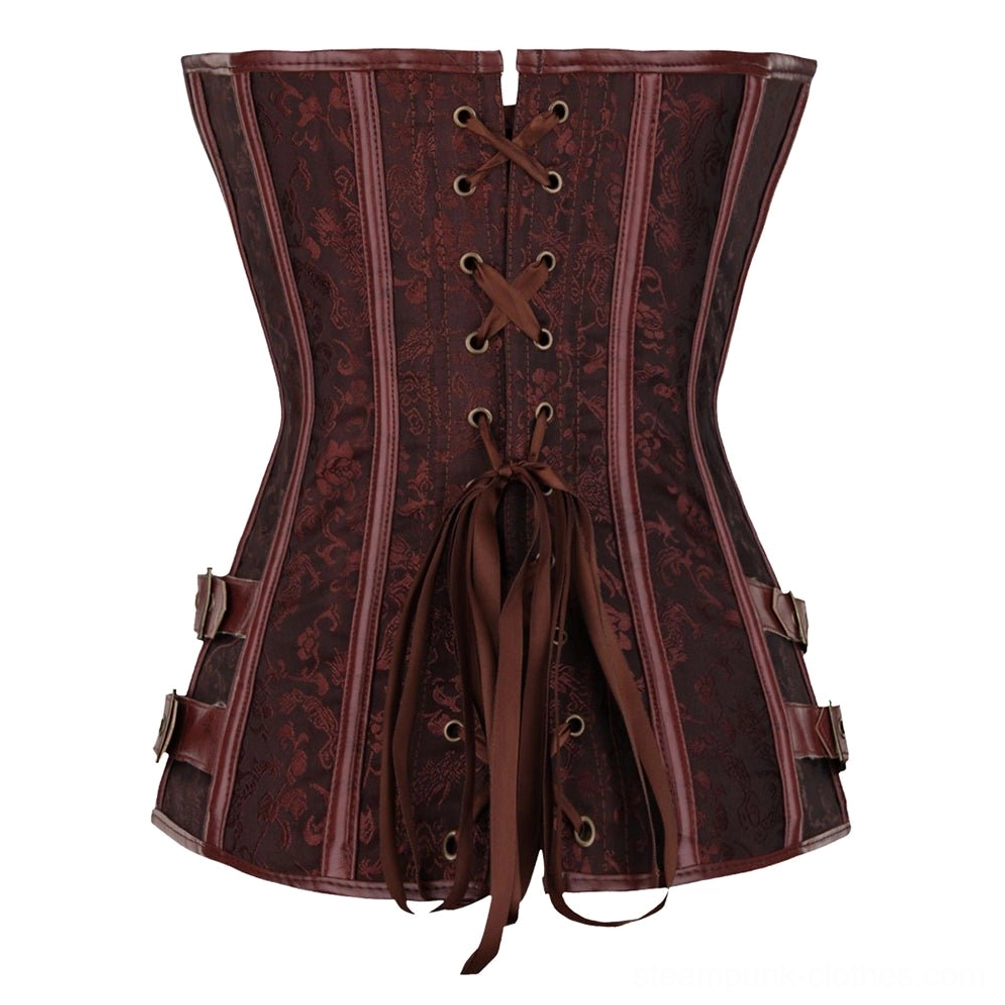 Steampunk overbust corset burgundy jacquard with front lace-up closure and metal hardware details, product showcase white background