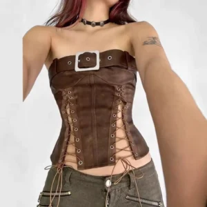 Steampunk lace-up corset bustier faux leather front view with silver buckle detail on model