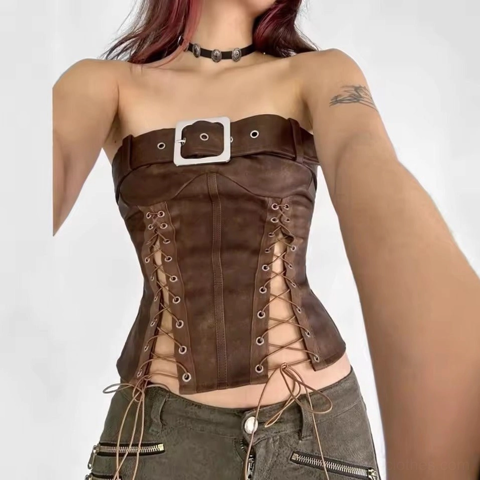Steampunk lace-up corset bustier faux leather front view with silver buckle detail on model