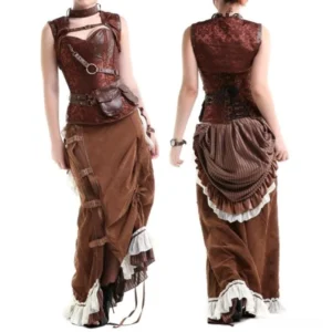 Steampunk corset bustle skirt ensemble featuring brown jacquard corset with leather straps and striped ruched skirt with frilled trim, front and back studio display