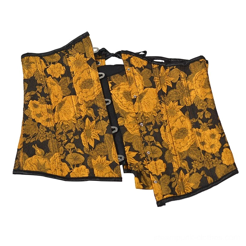 Steampunk corset components flat lay - disassembled panels showing sunflower jacquard exterior and black inner lining