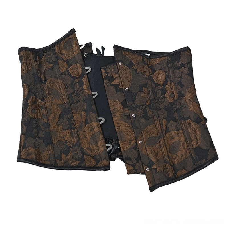 Steampunk corset construction details, disassembled panels showing floral jacquard exterior, metal hook fasteners, black inner lining, and structural components