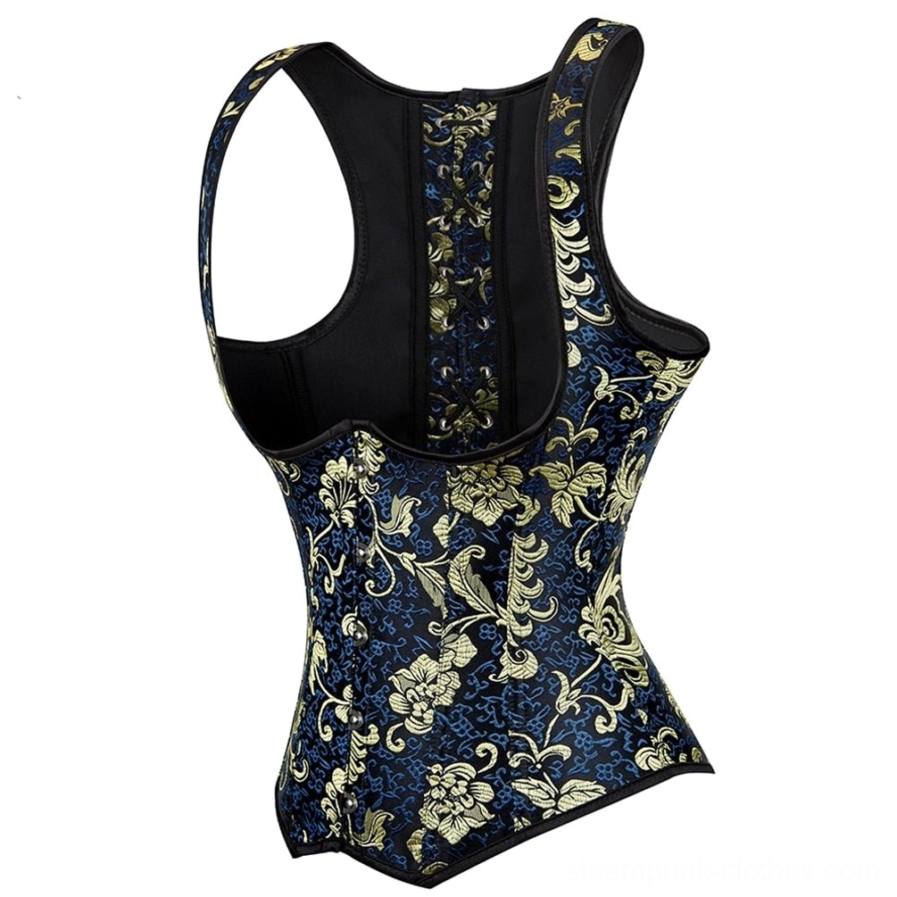 Steampunk underbust corset side-back three-quarter view showing curved underbust hem, gold floral brocade fabric against dark base