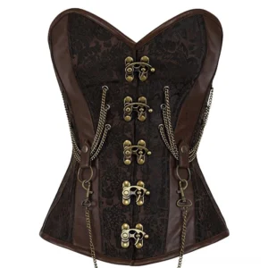 Steampunk corset flat lay detail - heart-shaped neckline with bronze clasps and decorative chain accents