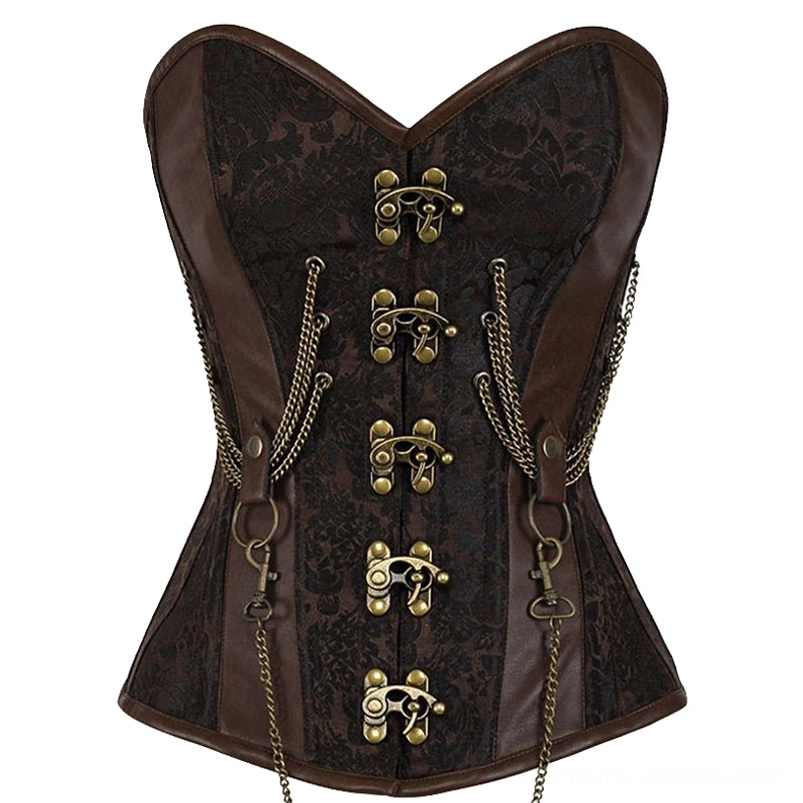 Steampunk corset flat lay detail - heart-shaped neckline with bronze clasps and decorative chain accents
