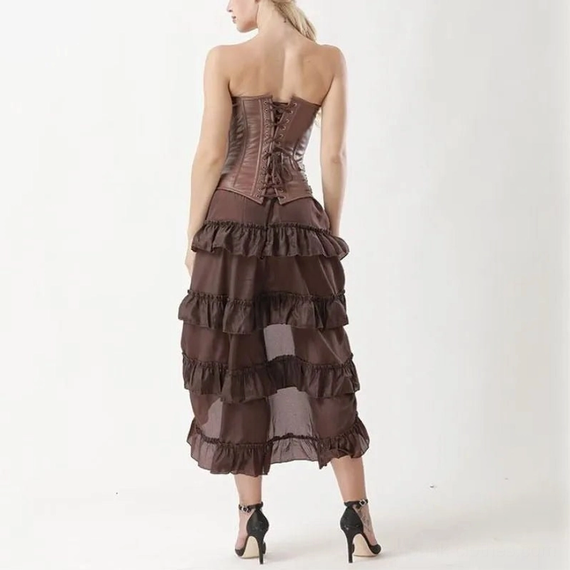 Brown steampunk dress back lace-up corset floor-length layered ruffled skirt back view