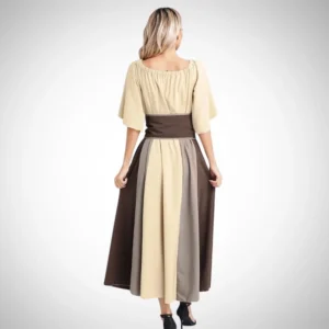 Steampunk corset dress rear view showing back design and color-blocked skirt with wide corset waistband