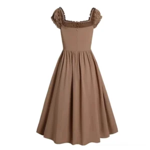 Back view of brown steampunk corset midi dress showing hidden back zipper and clean square neckline on white studio background