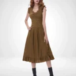 Bronze steampunk corset midi dress front view on model, featuring ruffled cap sleeves and ruched corset bodice