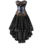 Steampunk high-low corset dress with PU leather star straps front view, black jacquard fabric corset with lace-up closure and asymmetrical ruffled skirt