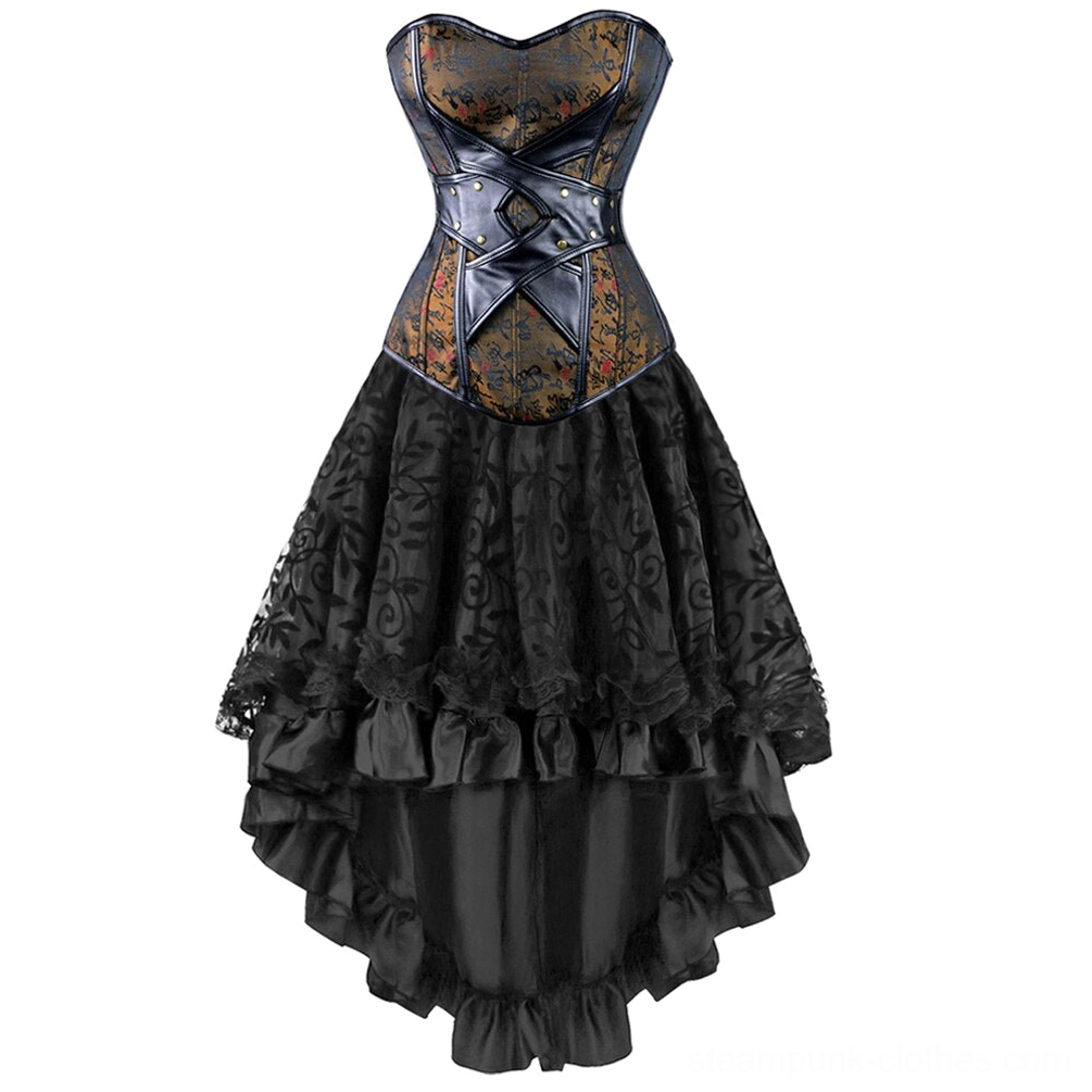 Steampunk high-low corset dress with PU leather star straps front view, black jacquard fabric corset with lace-up closure and asymmetrical ruffled skirt
