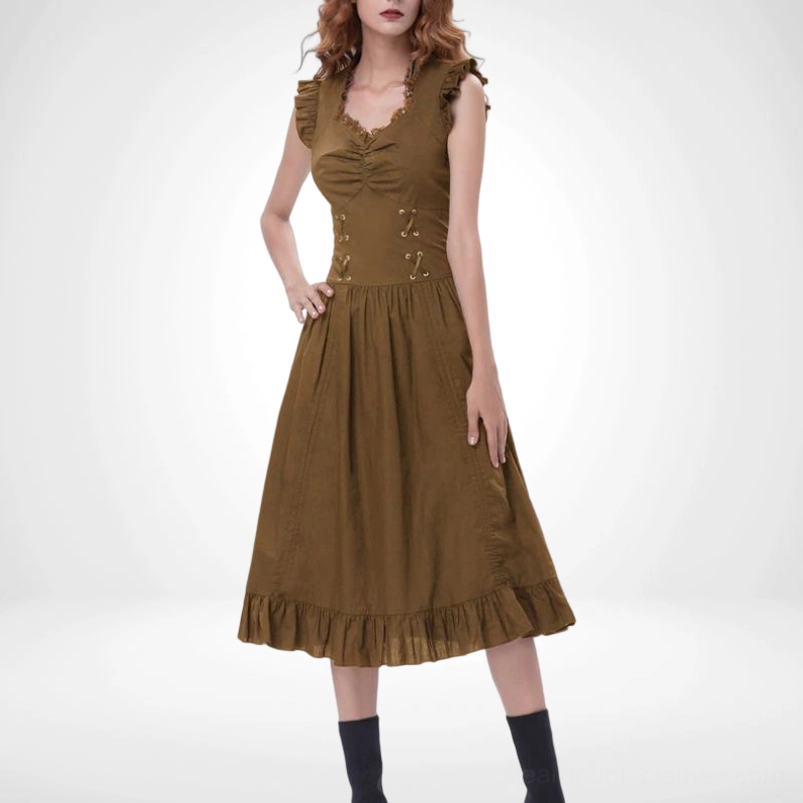 Bronze steampunk corset midi dress front view on model, featuring ruffled cap sleeves and ruched corset bodice