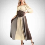 Victorian steampunk off-shoulder corset dress with flared sleeves and color-blocked midi skirt, front view on model