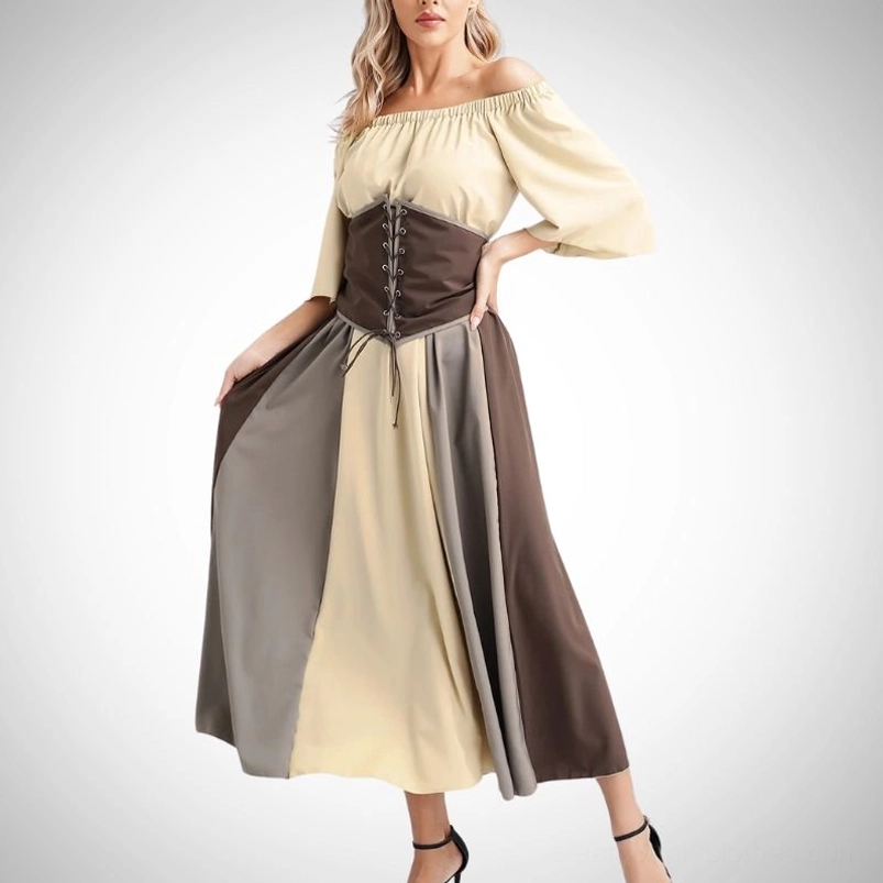 Victorian steampunk off-shoulder corset dress with flared sleeves and color-blocked midi skirt, front view on model