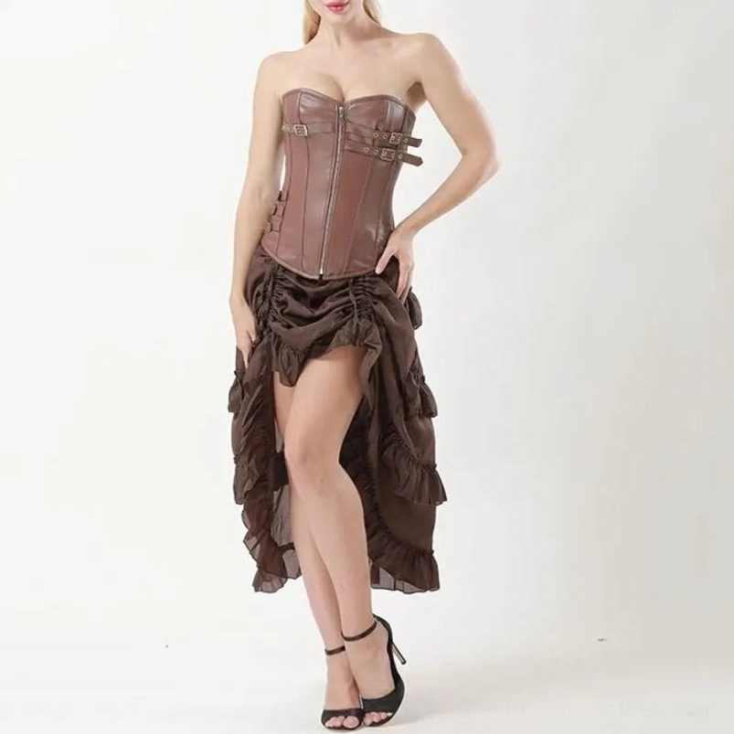Brown steampunk dress set front zipper corset with layered ruffles high-low skirt front pose