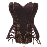 Steampunk strapless corset front view featuring heart-shaped neckline, dual bronze zippers, and decorative metal chains