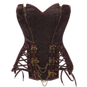 Steampunk strapless corset front view featuring heart-shaped neckline, dual bronze zippers, and decorative metal chains