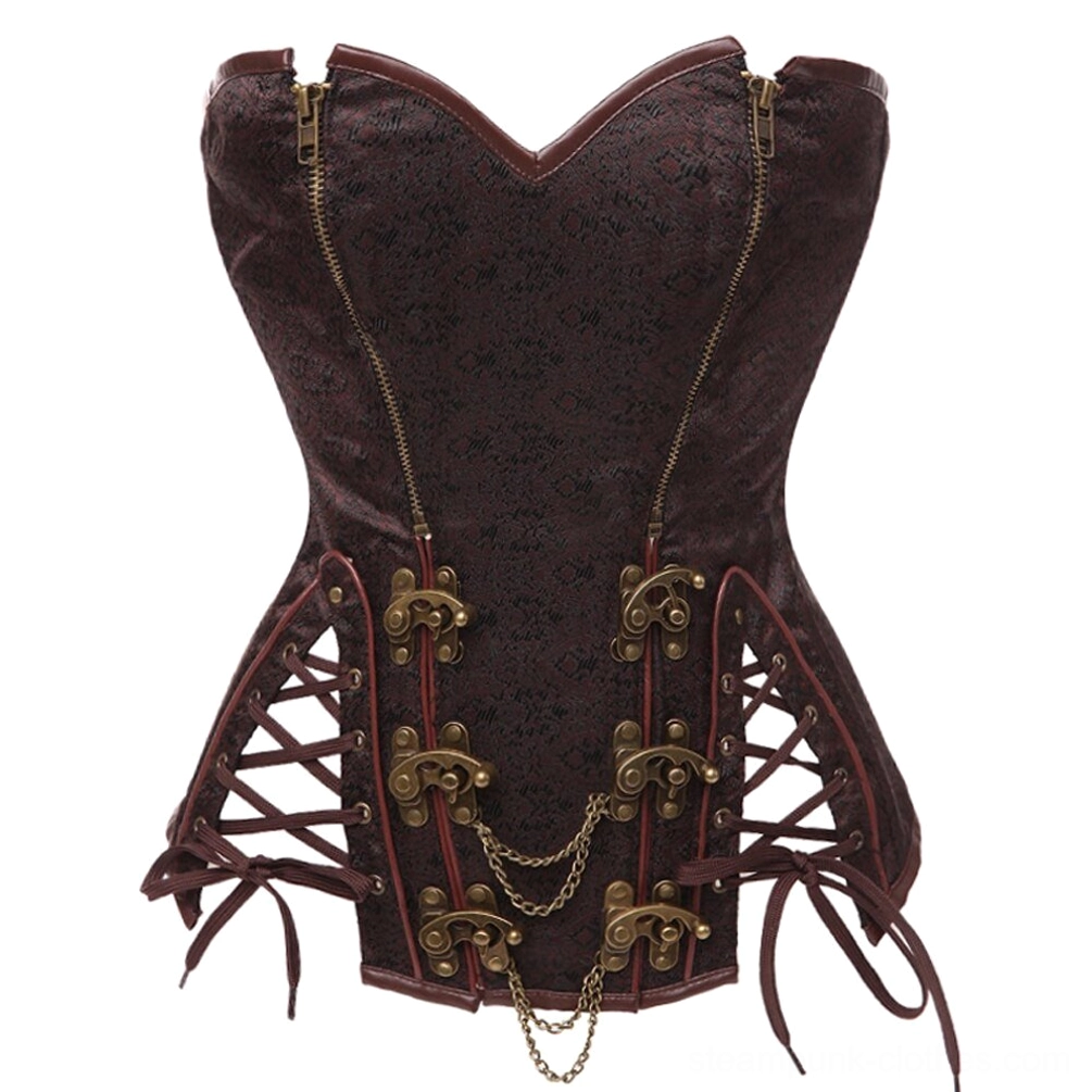 Steampunk strapless corset front view featuring heart-shaped neckline, dual bronze zippers, and decorative metal chains