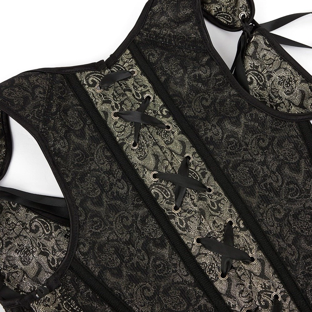 Steampunk corset bustier front lacing panel close-up with cross-style black ribbon and exposed metal eyelet details