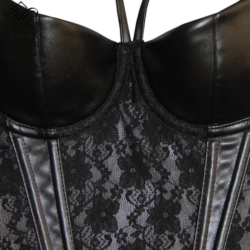 Close-up detail of steampunk corset showing floral lace fabric, faux leather binding, and vertical boning construction