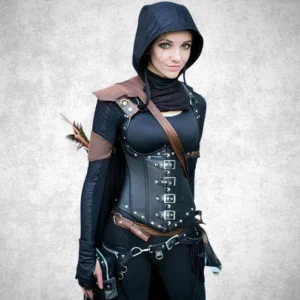 Female model wearing black steampunk corset with tactical straps and metal rivets paired with hooded fantasy archer cosplay outfit, demonstrating versatile styling options