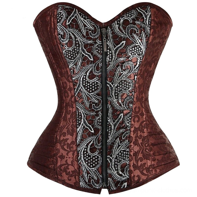 Flat lay front view of strapless sweetheart steampunk corset showing brown jacquard side panels and silver floral embroidery